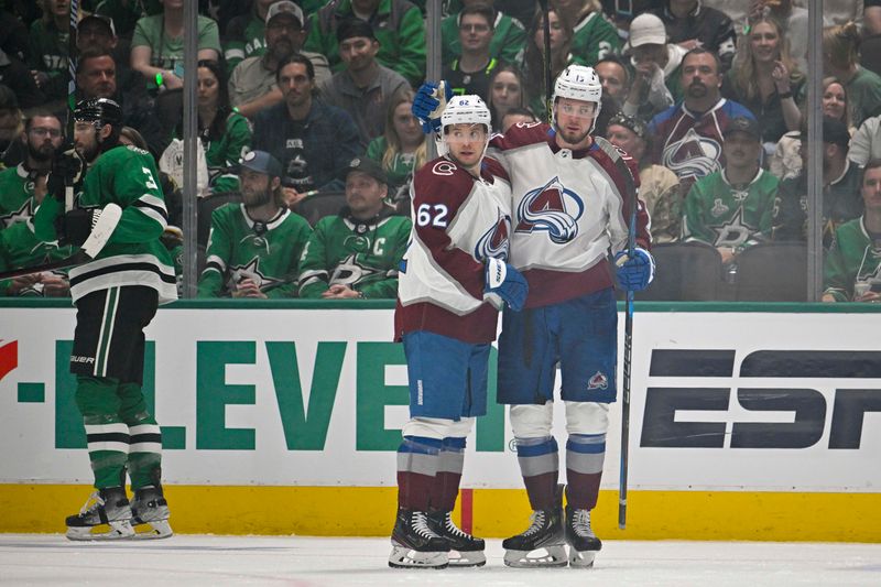 May 7, 2024; Dallas, Texas, USA; Colorado Avalanche right wing Valeri Nichushkin (13) and left wing Artturi Lehkonen (62) celebrates a power pay goal scored by Nichushkin against the Dallas Stars during the second period in game one of the second round of the 2024 Stanley Cup Playoffs at American Airlines Center. Mandatory Credit: Jerome Miron-USA TODAY Sports