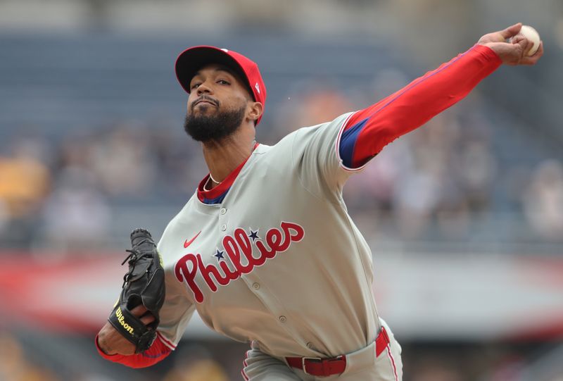 Jun 8, 2025; Pittsburgh, Pennsylvania, USA; Philadelphia Phillies starting pitcher Cristopher Sanchez (61) delivers a pitch against the Pittsburgh Pirates during the first inning at PNC Park. Mandatory Credit: Charles LeClaire-Imagn Images