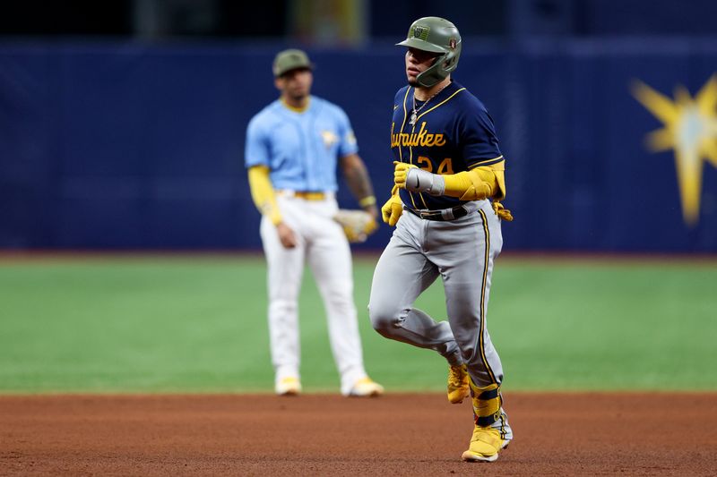 May 21, 2023; St. Petersburg, Florida, USA;  Milwaukee Brewers catcher William Contreras (24) runs the bases after hitting a two run home run against the Tampa Bay Rays in the fifth inning at Tropicana Field. Mandatory Credit: Nathan Ray Seebeck-USA TODAY Sports