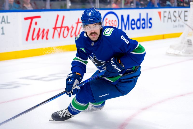 Nov 12, 2024; Vancouver, British Columbia, CAN; Vancouver Canucks forward Conor Garland (8) handles the puck against the Calgary Flames during the second period at Rogers Arena. Mandatory Credit: Bob Frid-Imagn Images