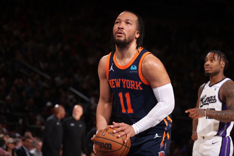 NEW YORK, NY - APRIL 4: Jalen Brunson #11 of the New York Knicks shoots a free throw during the game against the Sacramento Kings on April 4, 2024 at Madison Square Garden in New York City, New York.  NOTE TO USER: User expressly acknowledges and agrees that, by downloading and or using this photograph, User is consenting to the terms and conditions of the Getty Images License Agreement. Mandatory Copyright Notice: Copyright 2024 NBAE  (Photo by Nathaniel S. Butler/NBAE via Getty Images)