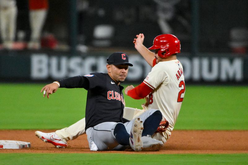 Sep 21, 2024; St. Louis, Missouri, USA;  Cleveland Guardians second baseman Andres Gimenez (0) tags out St. Louis Cardinals third baseman Nolan Arenado (28) on a stolen base attempt during the fifth inning at Busch Stadium. Mandatory Credit: Jeff Curry-Imagn Images