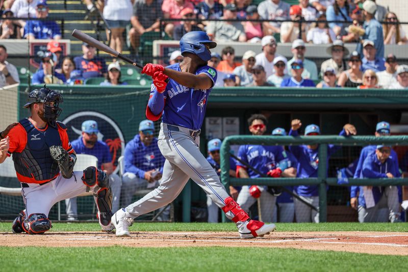 Mar 1, 2026; Lakeland, Florida, USA; Toronto Blue Jays right fielder Jesús Sánchez (12) bats during the first inning against the Detroit Tigers at Publix Field at Joker Marchant Stadium. Mandatory Credit: Mike Watters-Imagn Images