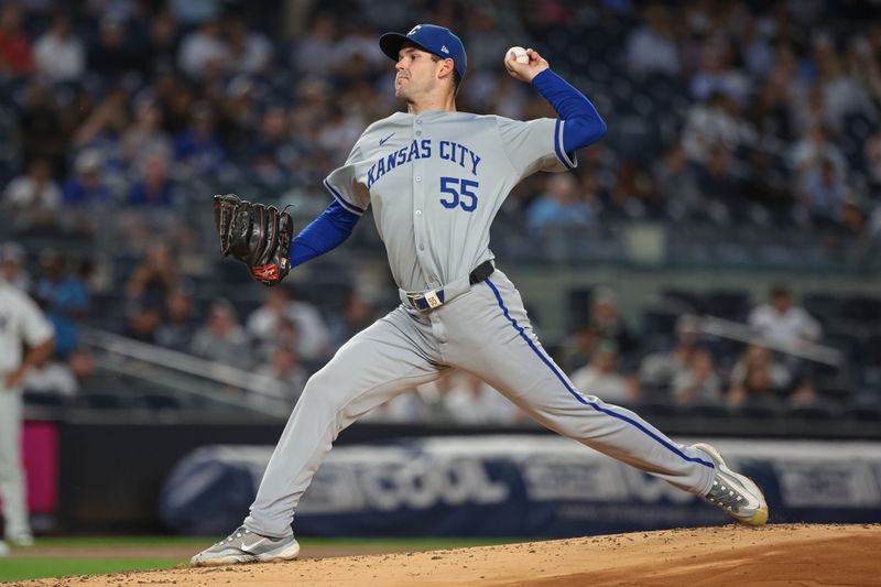 Sep 11, 2024; Bronx, New York, USA; Kansas City Royals starting pitcher Cole Ragans (55) delivers a pitch during the first inning against the New York Yankees at Yankee Stadium. Mandatory Credit: Vincent Carchietta-Imagn Images