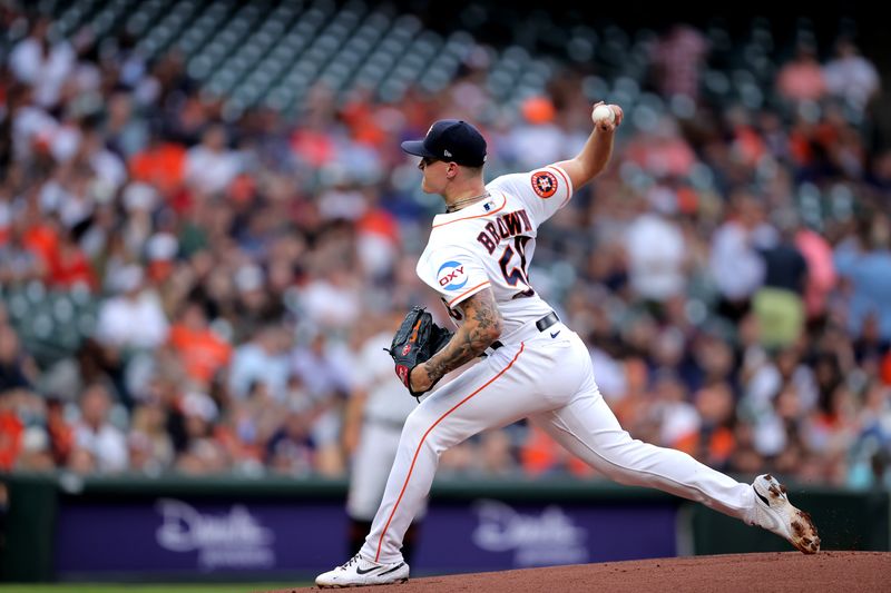 May 2, 2023; Houston, Texas, USA; Houston Astros starting pitcher Hunter Brown (58) delivers a pitch against the San Francisco Giants during the first inning at Minute Maid Park. Mandatory Credit: Erik Williams-USA TODAY Sports