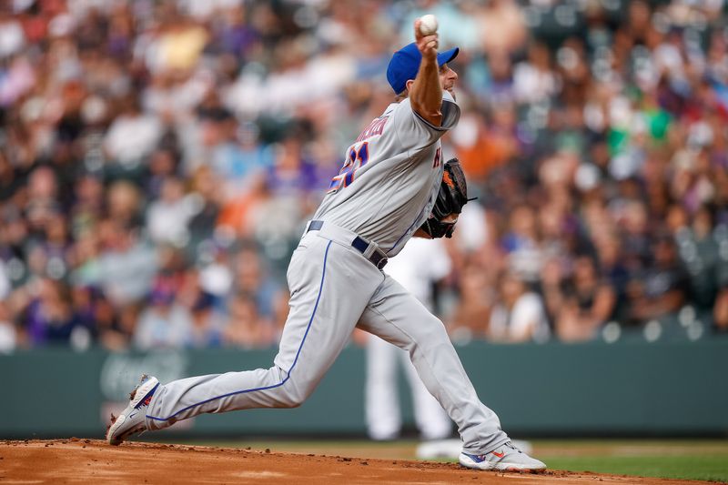 May 26, 2023; Denver, Colorado, USA; New York Mets starting pitcher Max Scherzer (21) pitches in the first inning against the Colorado Rockies at Coors Field. Mandatory Credit: Isaiah J. Downing-USA TODAY Sports