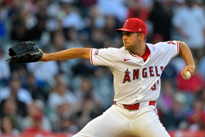 May 29, 2024; Anaheim, California, USA;  Los Angeles Angels starting pitcher Tyler Anderson (31) throws to the plate in the third inning against the New York Yankees at Angel Stadium. Mandatory Credit: Jayne Kamin-Oncea-USA TODAY Sports