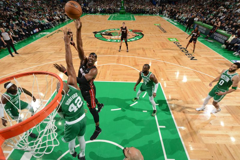 BOSTON, MA - APRIL 24: Bam Adebayo #13 of the Miami Heat goes to the basket during the game against the Boston Celtics during Round 1 Game 2 of the 2024 NBA Playoffs on April 24, 2024 at the TD Garden in Boston, Massachusetts. NOTE TO USER: User expressly acknowledges and agrees that, by downloading and or using this photograph, User is consenting to the terms and conditions of the Getty Images License Agreement. Mandatory Copyright Notice: Copyright 2024 NBAE  (Photo by Brian Babineau/NBAE via Getty Images)