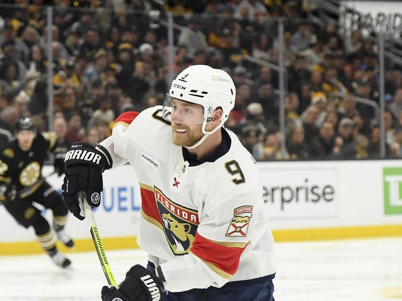 Apr 6, 2024; Boston, Massachusetts, USA; Florida Panthers center Sam Bennett (9) shoots the puck during the second period against the Boston Bruins at TD Garden. Mandatory Credit: Bob DeChiara-USA TODAY Sports