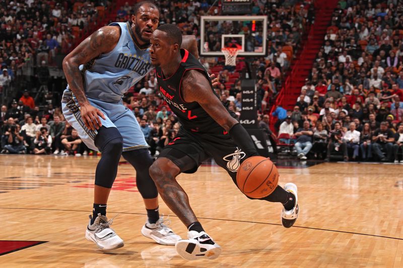 MIAMI, FL - JANUARY 24:  Terry Rozier #2 of the Miami Heat handles the ball during the game against the Memphis Grizzlies on January 24, 2024 at Kaseya Center in Miami, Florida. NOTE TO USER: User expressly acknowledges and agrees that, by downloading and or using this Photograph, user is consenting to the terms and conditions of the Getty Images License Agreement. Mandatory Copyright Notice: Copyright 2024 NBAE (Photo by Issac Baldizon/NBAE via Getty Images)