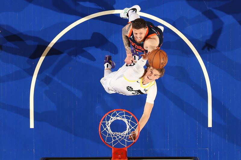 NEW YORK, NY - JANUARY 30: Lauri Markkanen #23 of the Utah Jazz rebounds the ball during the game against the New York Knicks on January 30, 2024 at Madison Square Garden in New York City, New York.  NOTE TO USER: User expressly acknowledges and agrees that, by downloading and or using this photograph, User is consenting to the terms and conditions of the Getty Images License Agreement. Mandatory Copyright Notice: Copyright 2024 NBAE  (Photo by Nathaniel S. Butler/NBAE via Getty Images)