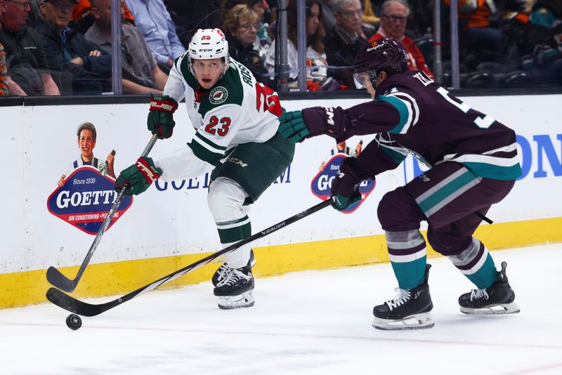 Mar 19, 2024; Anaheim, California, USA; Minnesota Wild center Marco Rossi (23) looks to make a pass against the Anaheim Ducks during the first period of a game at Honda Center. Mandatory Credit: Jessica Alcheh-USA TODAY Sports