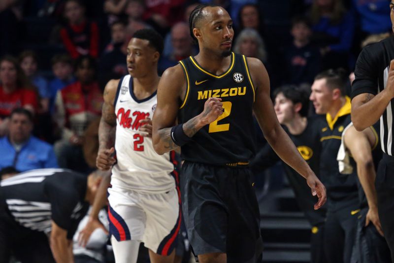 Feb 17, 2024; Oxford, Mississippi, USA; Missouri Tigers guard Tamar Bates (2) reacts after a turnover during the first half against the Mississippi Rebels at The Sandy and John Black Pavilion at Ole Miss. Mandatory Credit: Petre Thomas-USA TODAY Sports