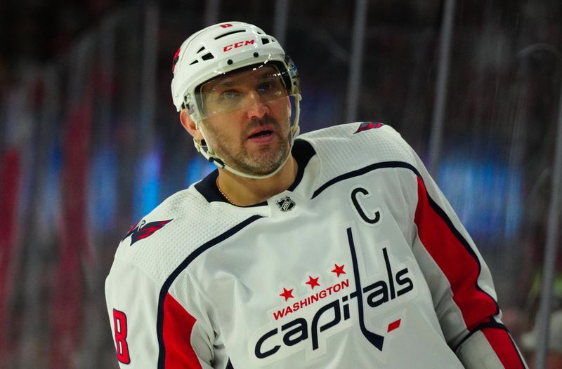 Apr 5, 2024; Raleigh, North Carolina, USA; Washington Capitals left wing Alex Ovechkin (8) looks on against the Carolina Hurricanes during the second period t PNC Arena. Mandatory Credit: James Guillory-USA TODAY Sports