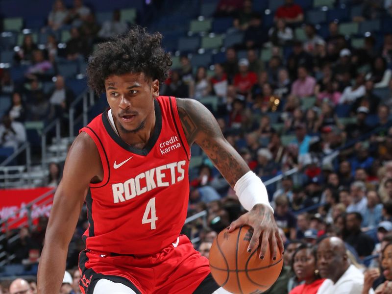 NEW ORLEANS, LA - FEBRUARY 22:  Jalen Green #4 of the Houston Rockets dribbles the ball during the game against the New Orleans Pelicans on February 22, 2024 at the Smoothie King Center in New Orleans, Louisiana. NOTE TO USER: User expressly acknowledges and agrees that, by downloading and or using this Photograph, user is consenting to the terms and conditions of the Getty Images License Agreement. Mandatory Copyright Notice: Copyright 2024 NBAE (Photo by Layne Murdoch Jr./NBAE via Getty Images)