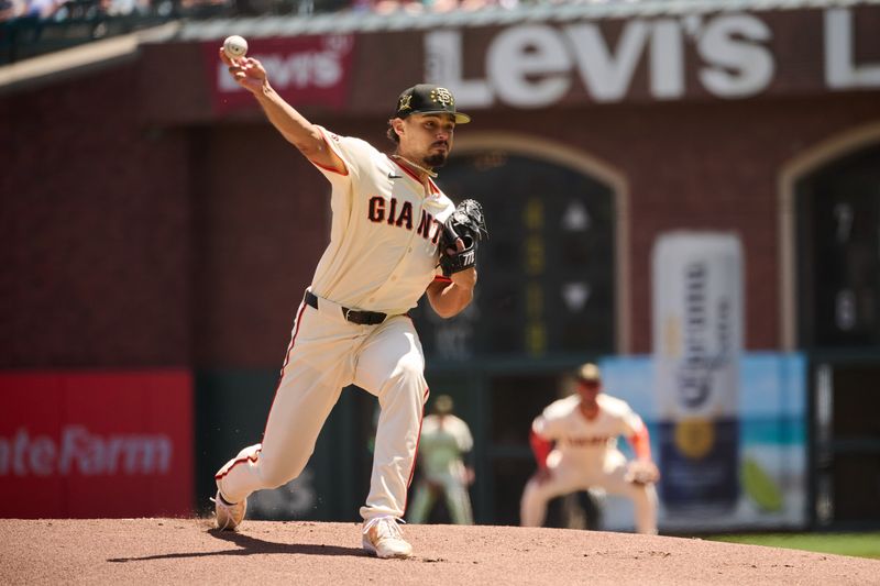 May 19, 2024; San Francisco, California, USA; San Francisco Giants starting pitcher Jordan Hicks (12) throws a pitch against the Colorado Rockies during the first inning at Oracle Park. Mandatory Credit: Robert Edwards-USA TODAY Sports