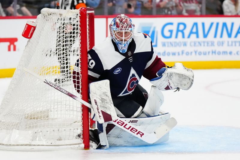 Feb 28, 2025; Denver, Colorado, USA; Colorado Avalanche goaltender Mackenzie Blackwood (39) defends the net in the third period against the Minnesota Wild at Ball Arena. Mandatory Credit: Ron Chenoy-Imagn Images