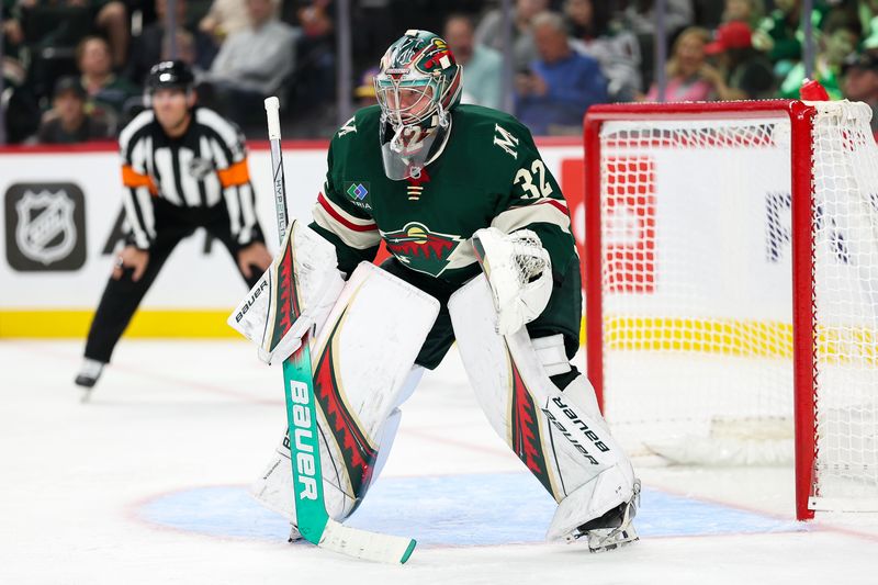 Oct 10, 2024; Saint Paul, Minnesota, USA; Minnesota Wild goaltender Filip Gustavsson (32) defends the net against the Columbus Blue Jackets during the third period at Xcel Energy Center. Mandatory Credit: Matt Krohn-Imagn Images