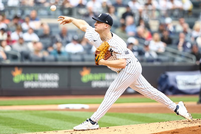 May 4, 2024; Bronx, New York, USA;  New York Yankees starting pitcher Clarke Schmidt (36) pitches in the first inning against the Detroit Tigers at Yankee Stadium. Mandatory Credit: Wendell Cruz-USA TODAY Sports