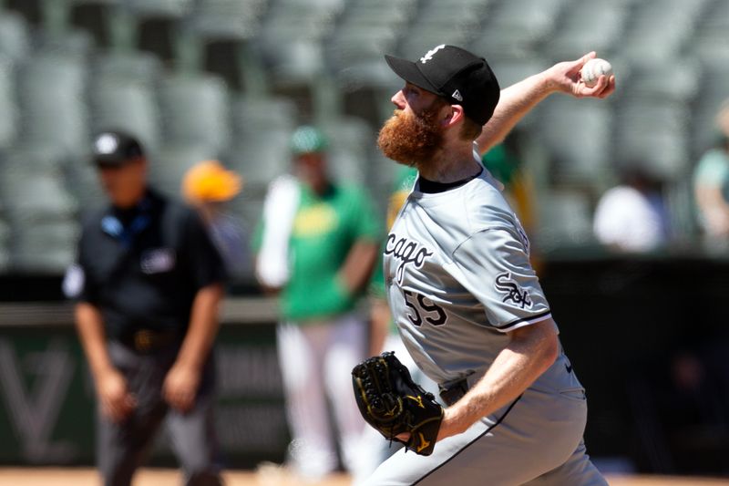 Aug 7, 2024; Oakland, California, USA; Chicago White Sox starting pitcher Davis Martin (65) delivers against the Oakland Athletics during the eighth inning at Oakland-Alameda County Coliseum. Mandatory Credit: D. Ross Cameron-USA TODAY Sports