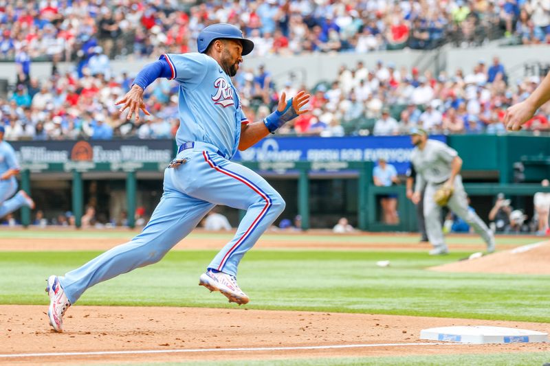 May 21, 2023; Arlington, Texas, USA; Texas Rangers second baseman Marcus Semien (2) runs home to score during the fifth inning against the Colorado Rockies at Globe Life Field. Mandatory Credit: Andrew Dieb-USA TODAY Sports