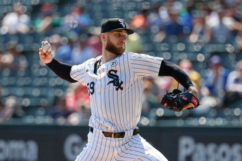 Sep 15, 2024; Chicago, Illinois, USA; Chicago White Sox starting pitcher Sean Burke (59) delivers a pitch against the Oakland Athletics during the first inning at Guaranteed Rate Field. Mandatory Credit: Kamil Krzaczynski-Imagn Images