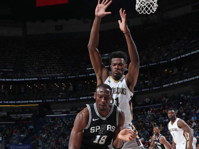 NEW ORLEANS, LA - FEBRUARY 25: Bismack Biyombo #18 of the San Antonio Spurs dribbles the ball during the game against the New Orleans Pelicans on February 25, 2025 at the Smoothie King Center in New Orleans, Louisiana. NOTE TO USER: User expressly acknowledges and agrees that, by downloading and or using this Photograph, user is consenting to the terms and conditions of the Getty Images License Agreement. Mandatory Copyright Notice: Copyright 2025 NBAE (Photo by Layne Murdoch Jr./NBAE via Getty Images)