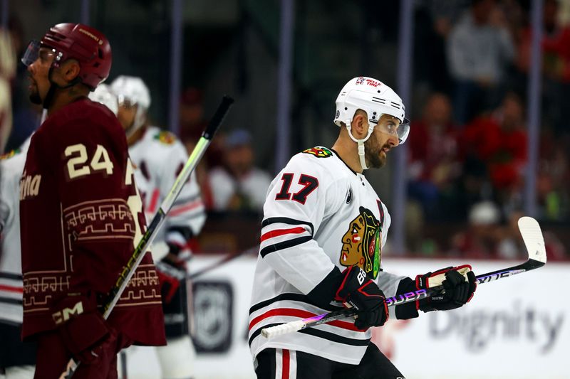 Mar 5, 2024; Tempe, Arizona, USA;  Chicago Blackhawks left wing Nick Foligno (17) celebrates after scoring a goal during the second period of the game against the Arizona Coyotes at Mullett Arena. Mandatory Credit: Mark J. Rebilas-USA TODAY Sports