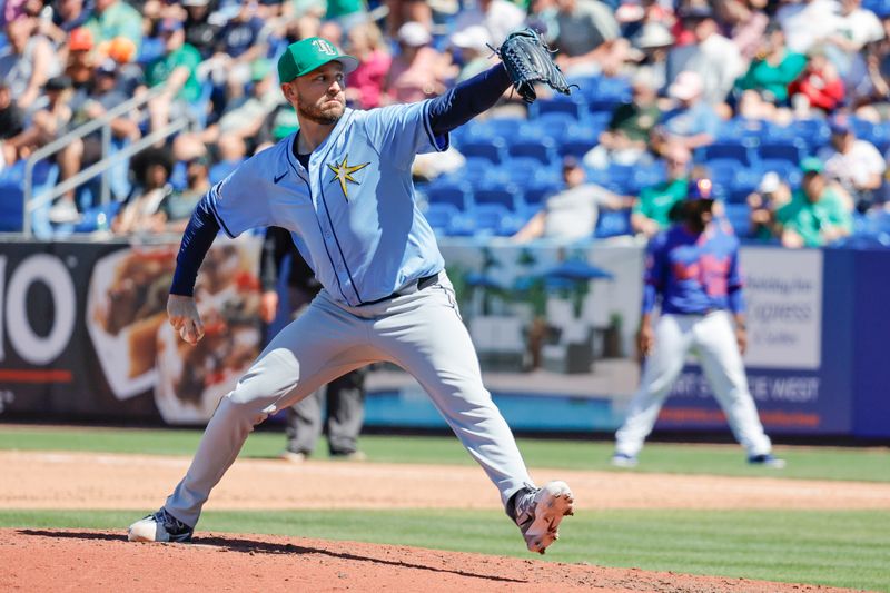 Mar 17, 2025; Port St. Lucie, Florida, USA;  Tampa Bay Rays pitcher Cole Sulser (71) throws a pitch during the sixth inning against the New York Mets at Clover Park. Mandatory Credit: Reinhold Matay-Imagn Images 