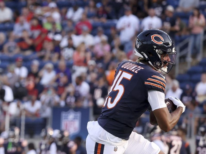 Chicago Bears wide receiver Rome Odunze (15) warms up prior to the start of an NFL preseason football game against the Houston Texans, Thursday Aug. 21, 2024, in Canton, Ohio. (AP Photo/Kirk Irwin)