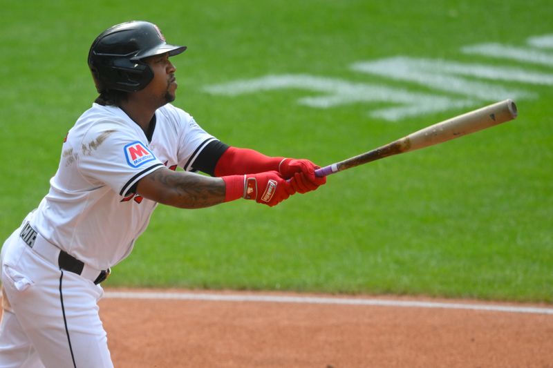 Jun 22, 2024; Cleveland, Ohio, USA; Cleveland Guardians third baseman Jose Ramirez (11) watches his two-run home run in the third inning against the Toronto Blue Jays at Progressive Field. Mandatory Credit: David Richard-USA TODAY Sports