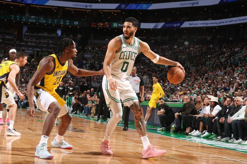 BOSTON, MA - MAY 21: Jayson Tatum #0 of the Boston Celtics dribbles the ball during the game against the Indiana Pacers during Game 1 of the Eastern Conference Finals of the 2024 NBA Playoffs on May 21, 2024 at the TD Garden in Boston, Massachusetts. NOTE TO USER: User expressly acknowledges and agrees that, by downloading and or using this photograph, User is consenting to the terms and conditions of the Getty Images License Agreement. Mandatory Copyright Notice: Copyright 2024 NBAE  (Photo by Nathaniel S. Butler/NBAE via Getty Images)