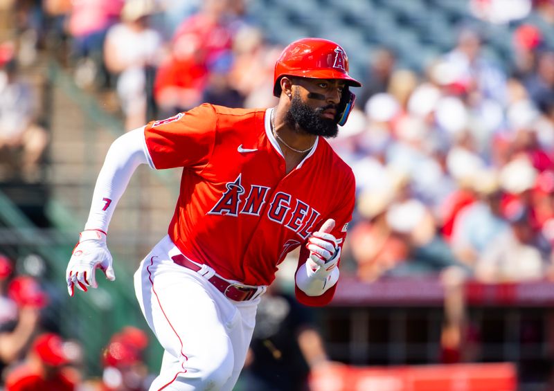 Mar 19, 2024; Tempe, Arizona, USA; Los Angeles Angels outfielder Jo Adell against the Cincinnati Reds during a spring training game at Tempe Diablo Stadium. Mandatory Credit: Mark J. Rebilas-USA TODAY Sports