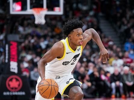 TORONTO, ON - DECEMBER 23: Collin Sexton #2 of the Utah Jazz dribbles against the Toronto Raptors during the second half of their basketball game at the Scotiabank Arena on December 23, 2023 in Toronto, Ontario, Canada. NOTE TO USER: User expressly acknowledges and agrees that, by downloading and/or using this Photograph, user is consenting to the terms and conditions of the Getty Images License Agreement. (Photo by Mark Blinch/Getty Images)