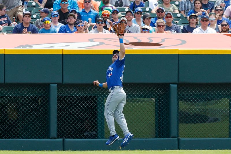 May 26, 2024; Detroit, Michigan, USA; Toronto Blue Jays catcher Danny Jansen (9) catches a fly ball hit by Detroit Tigers outfielder Wenceel Pérez (46) during the third inning of the game at Comerica Park. Mandatory Credit: Brian Bradshaw Sevald-USA TODAY Sports