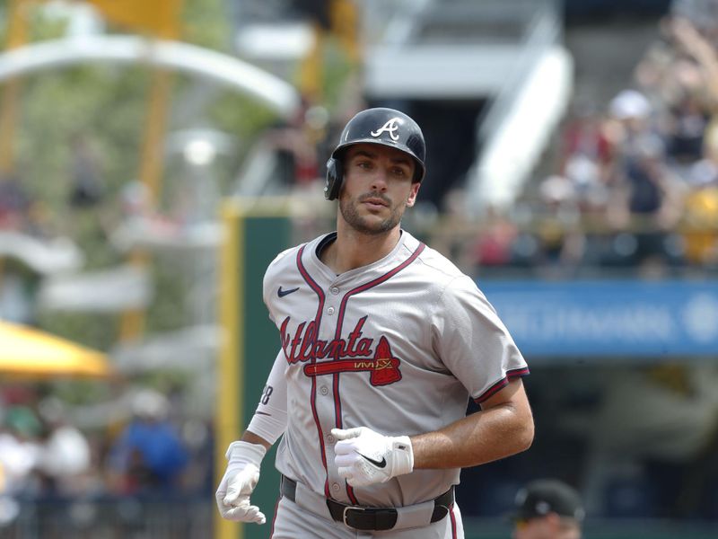 May 26, 2024; Pittsburgh, Pennsylvania, USA;  Atlanta Braves first baseman Matt Olson (28) circles the bases on a solo home run against the Pittsburgh Pirates during the eighth inning at PNC Park. Atlanta won 8-1. Mandatory Credit: Charles LeClaire-USA TODAY Sports