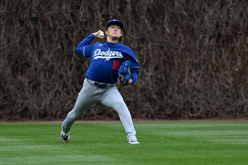 Apr 5, 2024; Chicago, Illinois, USA;  Los Angeles Dodgers pitcher Yoshinobu Yamamoto (18) warms up before the game against the Chicago Cubs at Wrigley Field. Mandatory Credit: Matt Marton-USA TODAY Sports