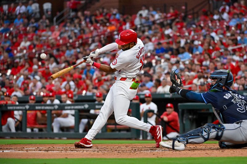 Aug 6, 2024; St. Louis, Missouri, USA;  St. Louis Cardinals center fielder Victor Scott II (11) hits a two run home run against the Tampa Bay Rays during the second inning at Busch Stadium. Mandatory Credit: Jeff Curry-USA TODAY Sports