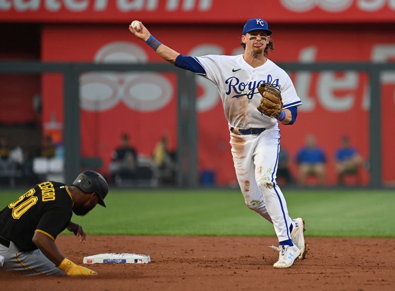 Aug 28, 2023; Kansas City, Missouri, USA;  Kansas City Royals shortstop Bobby Witt Jr. (7) throws the ball to first base for a double play against Pittsburgh Pirates Liover Peguero (60) in the second inning at Kauffman Stadium. Mandatory Credit: Peter Aiken-USA TODAY Sports