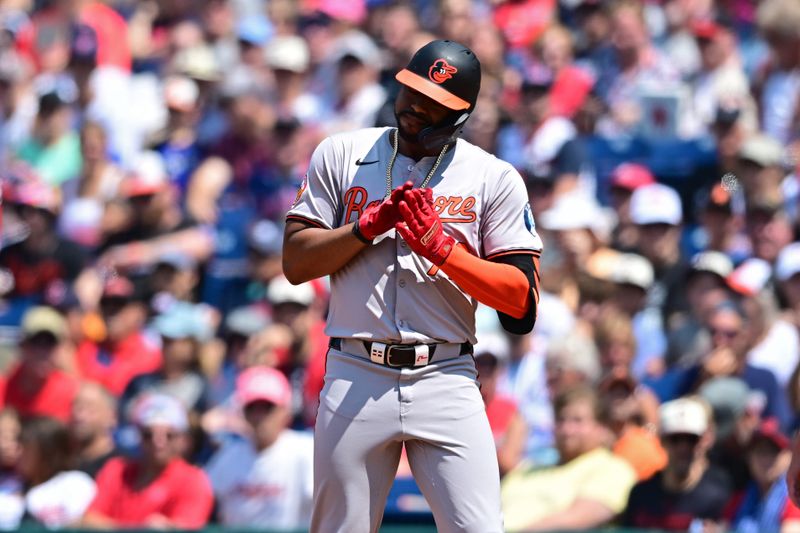 Aug 4, 2024; Cleveland, Ohio, USA; Baltimore Orioles designated hitter Eloy Jimenez (72) celebrates after hitting a RBI single during the third inning against the Cleveland Guardians at Progressive Field. Mandatory Credit: David Dermer-USA TODAY Sports