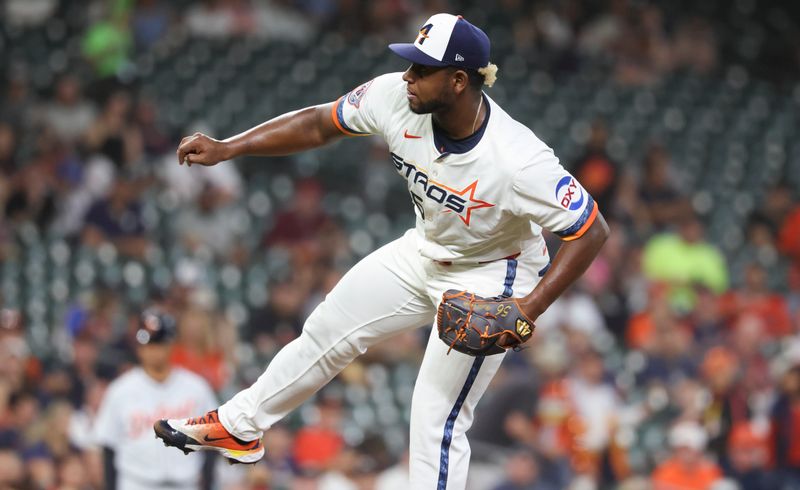 Apr 28, 2025; Houston, Texas, USA; Houston Astros starting pitcher Ronel Blanco (56) delivers a pitch during the first inning against the Detroit Tigers at Daikin Park. Mandatory Credit: Troy Taormina-Imagn Images