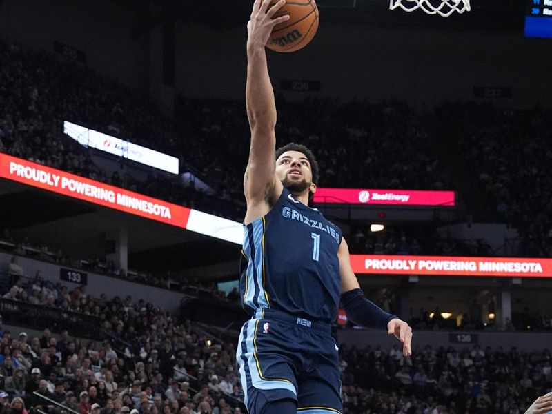 MINNEAPOLIS, MN -  JANUARY 11: Scotty Pippen Jr. #1 of the Memphis Grizzlies drives to the basket during the game against the Minnesota Timberwolves on January 11, 2025 at Target Center in Minneapolis, Minnesota. NOTE TO USER: User expressly acknowledges and agrees that, by downloading and or using this Photograph, user is consenting to the terms and conditions of the Getty Images License Agreement. Mandatory Copyright Notice: Copyright 2025 NBAE (Photo by Jordan Johnson/NBAE via Getty Images)