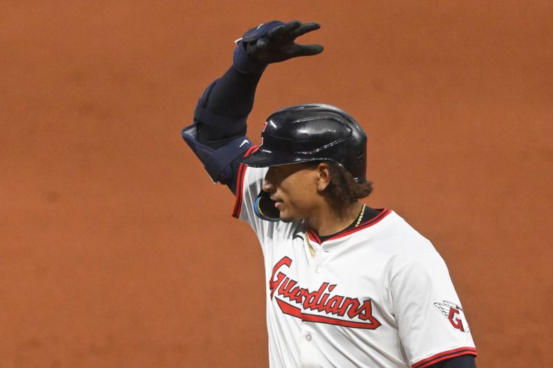Sep 10, 2025; Cleveland, Ohio, USA; Cleveland Guardians catcher Bo Naylor (23) celebrates his RBI single in the fourth inning against the Kansas City Royals at Progressive Field. Mandatory Credit: David Richard-Imagn Images