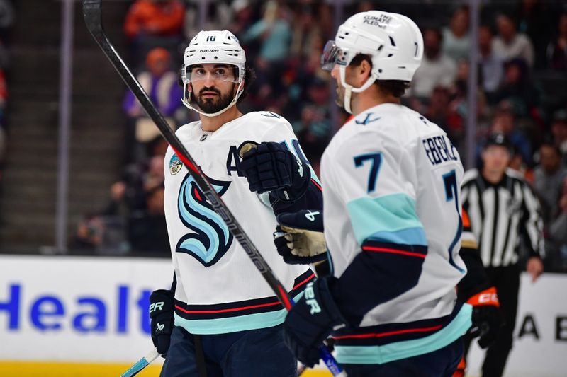 Feb 3, 2026; Anaheim, California, USA; Seattle Kraken right wing Jordan Eberle (7) celebrates his goal scored against the Anaheim Ducks with center Matty Beniers (10) during the third period at Honda Center. Mandatory Credit: Gary A. Vasquez-Imagn Images