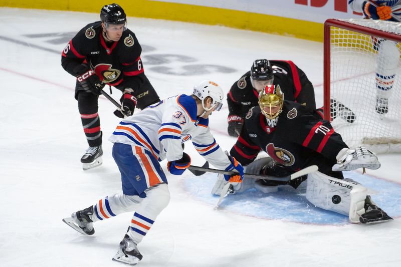 Mar 24, 2024; Ottawa, Ontario, CAN; Ottawa Senators goalie Joonas Korpisalo (70) makes a save on a shot from Edmonton Oilers left wing Warren Foegele (37) in the third period at the Canadian Tire Centre. Mandatory Credit: Marc DesRosiers-USA TODAY Sports