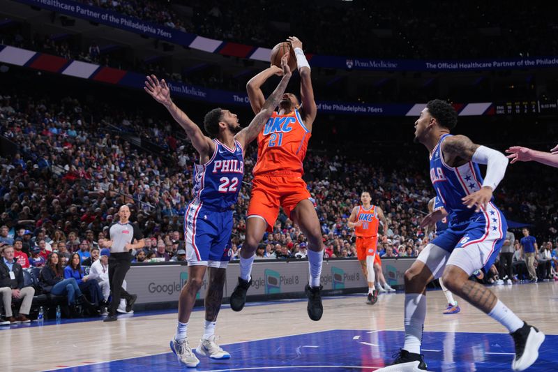 PHILADELPHIA, PA - APRIL 2: Aaron Wiggins #21 of the Oklahoma City Thunder shoots the ball during the game against the Philadelphia 76ers on April 2, 2024 at the Wells Fargo Center in Philadelphia, Pennsylvania NOTE TO USER: User expressly acknowledges and agrees that, by downloading and/or using this Photograph, user is consenting to the terms and conditions of the Getty Images License Agreement. Mandatory Copyright Notice: Copyright 2024 NBAE (Photo by Jesse D. Garrabrant/NBAE via Getty Images)