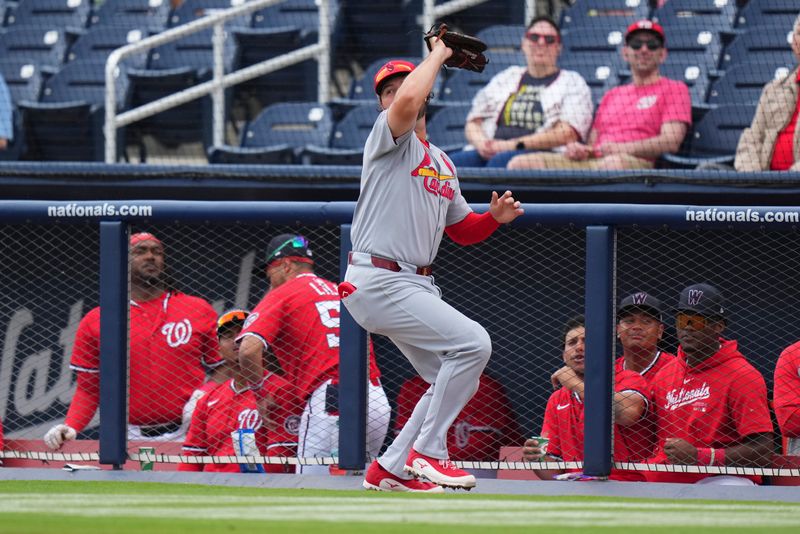 Mar 4, 2025; West Palm Beach, Florida, USA; St. Louis Cardinals outfielder Alec Burleson (41) catches a fly ball for an out against the Washington Nationals during the third inning at CACTI Park of the Palm Beaches. Mandatory Credit: Rich Storry-Imagn Images