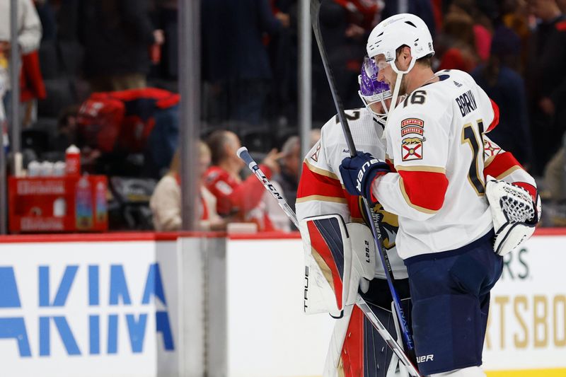 Nov 8, 2023; Washington, District of Columbia, USA; Florida Panthers center Aleksander Barkov (16) celebrates with Panthers goaltender Sergei Bobrovsky (72) after their game against the Washington Capitals at Capital One Arena. Mandatory Credit: Geoff Burke-USA TODAY Sports