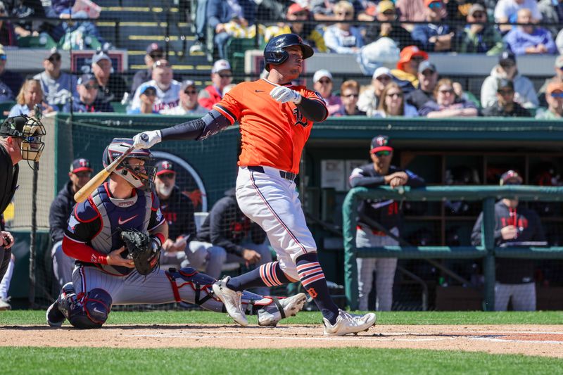 Feb 23, 2026; Lakeland, Florida, USA; Detroit Tigers right fielder Kerry Carpenter (30) bats during the second inning against the Minnesota Twins at Publix Field at Joker Marchant Stadium. Mandatory Credit: Mike Watters-Imagn Images