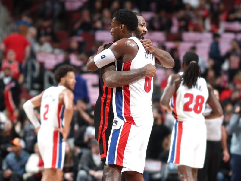 CHICAGO, IL -FEBRUARY 27: Jalen Duren #0 of the Detroit Pistons talks to Andre Drummond #3 of the Chicago Bulls after the game on February 27, 2024 at United Center in Chicago, Illinois. NOTE TO USER: User expressly acknowledges and agrees that, by downloading and or using this photograph, User is consenting to the terms and conditions of the Getty Images License Agreement. Mandatory Copyright Notice: Copyright 2024 NBAE (Photo by Jeff Haynes/NBAE via Getty Images)